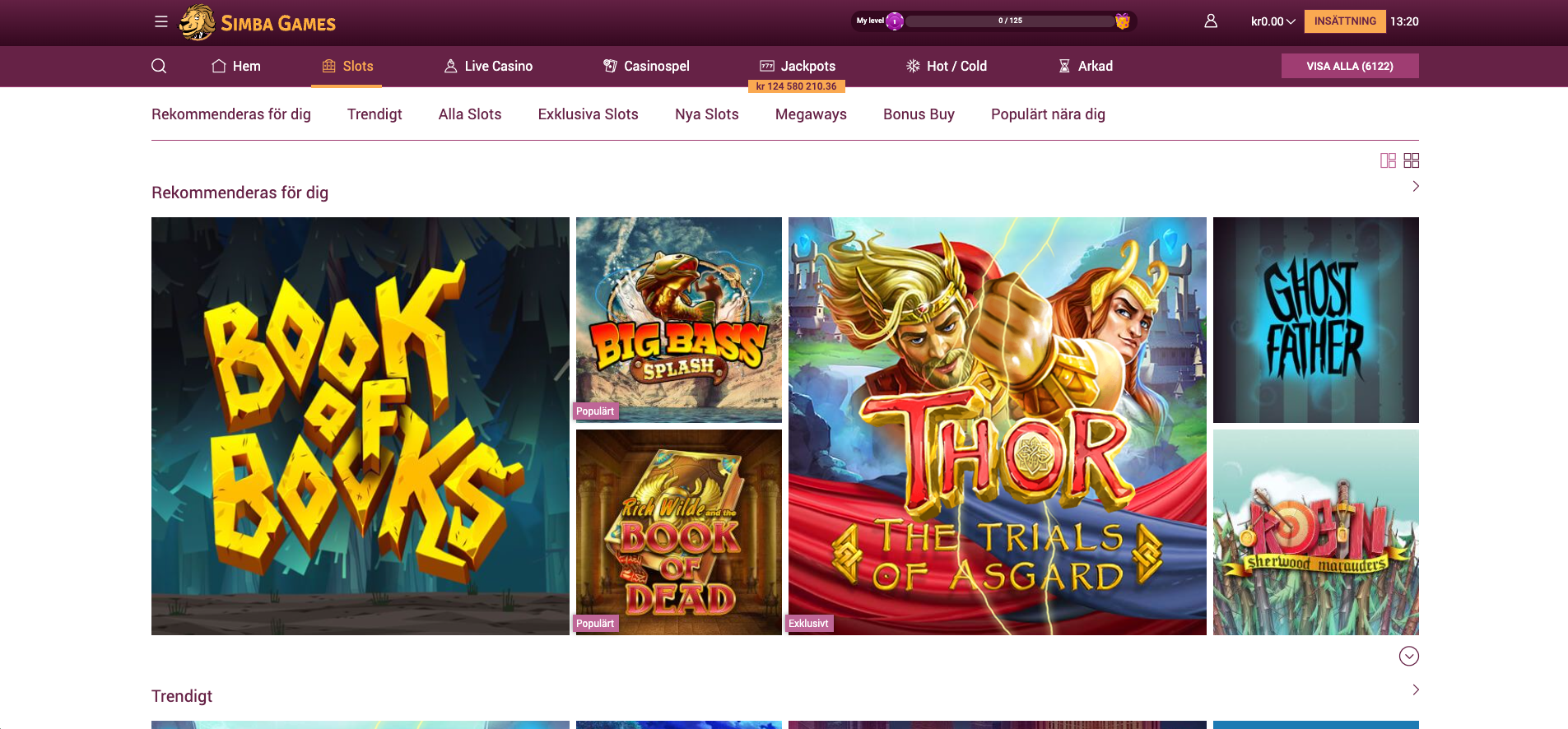 Simba Games Casino slotsida med Book of Books och populära spel