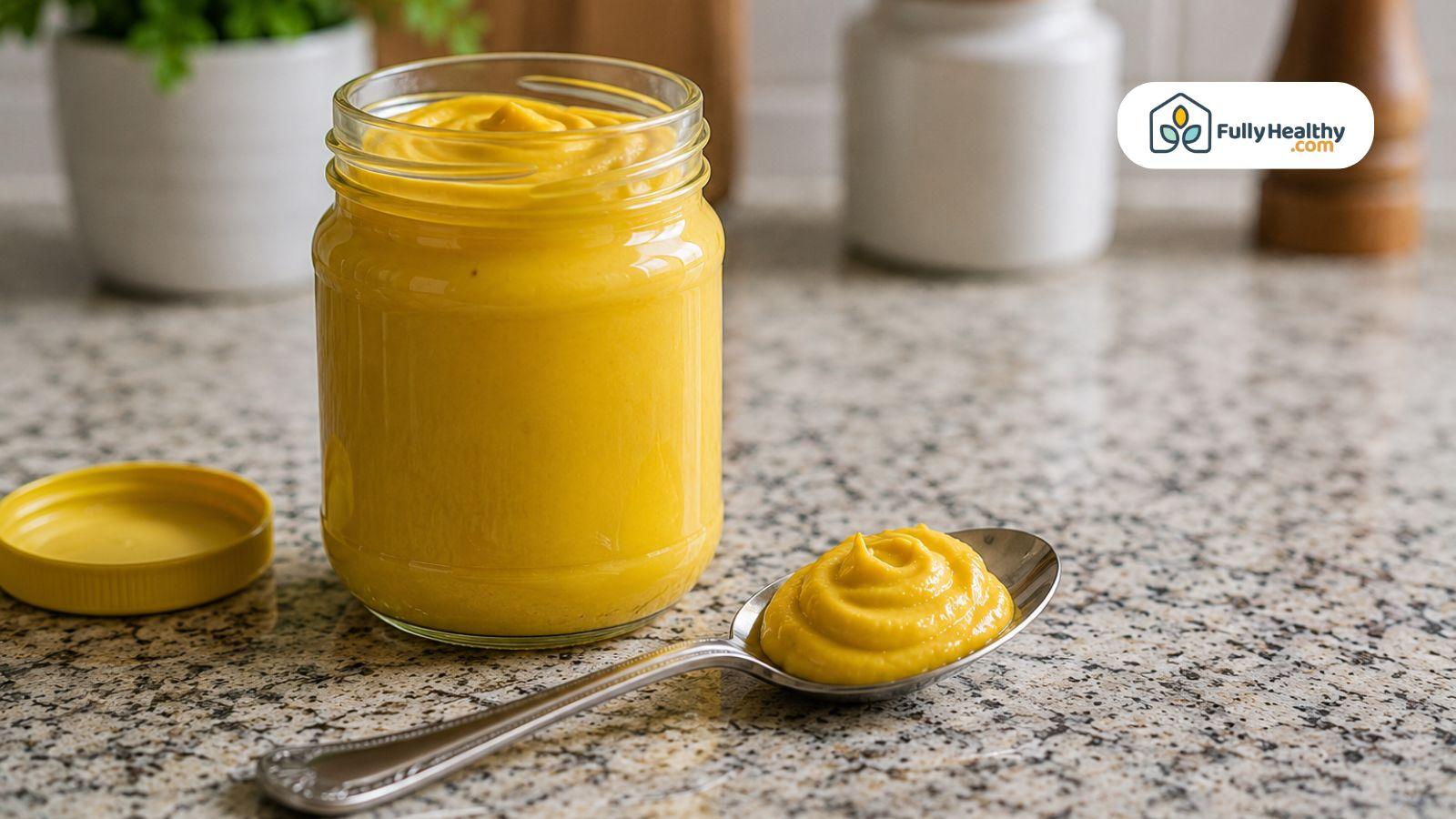Open jar of yellow mustard with a spoon on a kitchen countertop.
