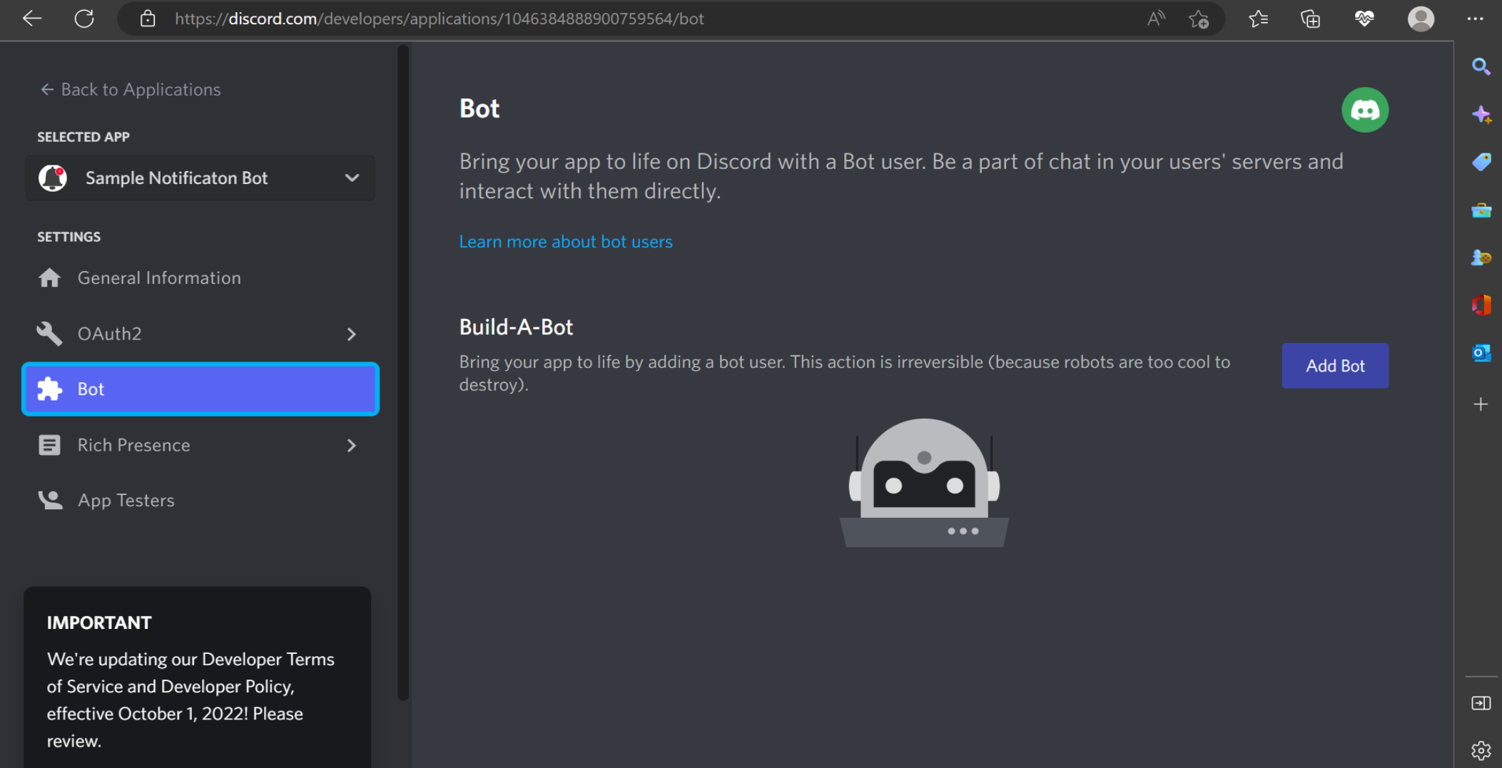 Screenshot of the Bot tab of the Discord developer portal.