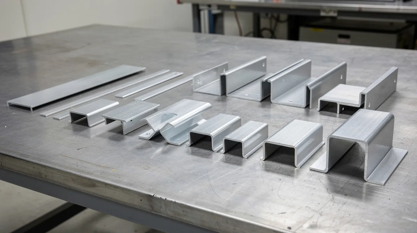 The image displays a variety of bent sheet metal components, including brackets, channels, and enclosures, arranged on a workshop table. Each piece showcases different bend angles, radii, and flange lengths, highlighting the details of the sheet metal bending process and the dimensional accuracy required for tight tolerances.