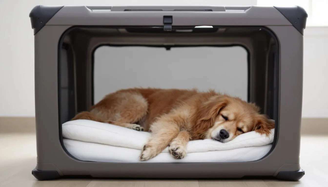 A dog is peacefully resting in a properly sized recovery crate, equipped with supportive bedding, which is essential for its comfort during recovery from intervertebral disc disease (IVDD). This serene scene highlights the importance of a safe environment for dogs experiencing spinal pain or undergoing rehabilitation after spinal surgery.