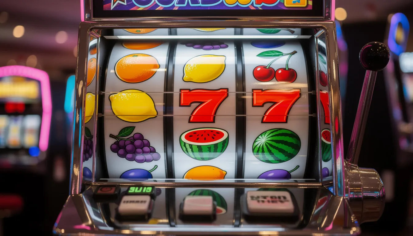 Online Slot Mechanics Vibrant slot machine interface showing spinning fruit reels.
