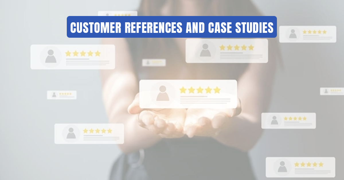 Hands holding digital reviews with five-star ratings and customer references.