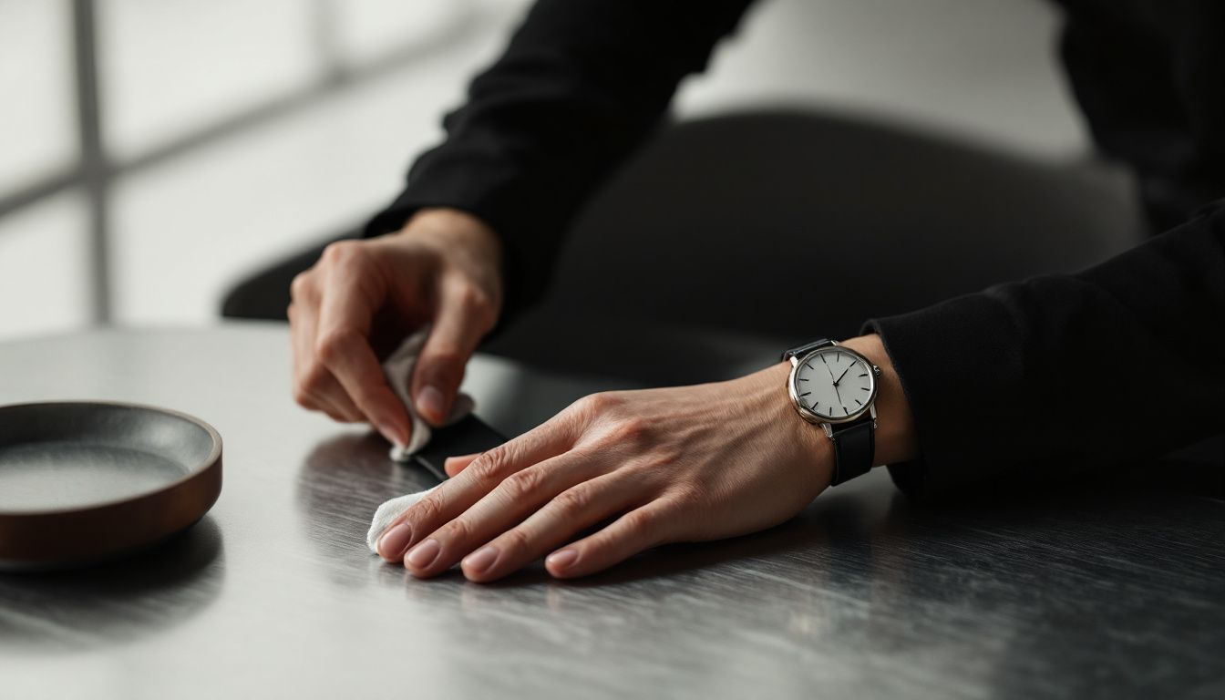 A person cleaning a leather watch strap.