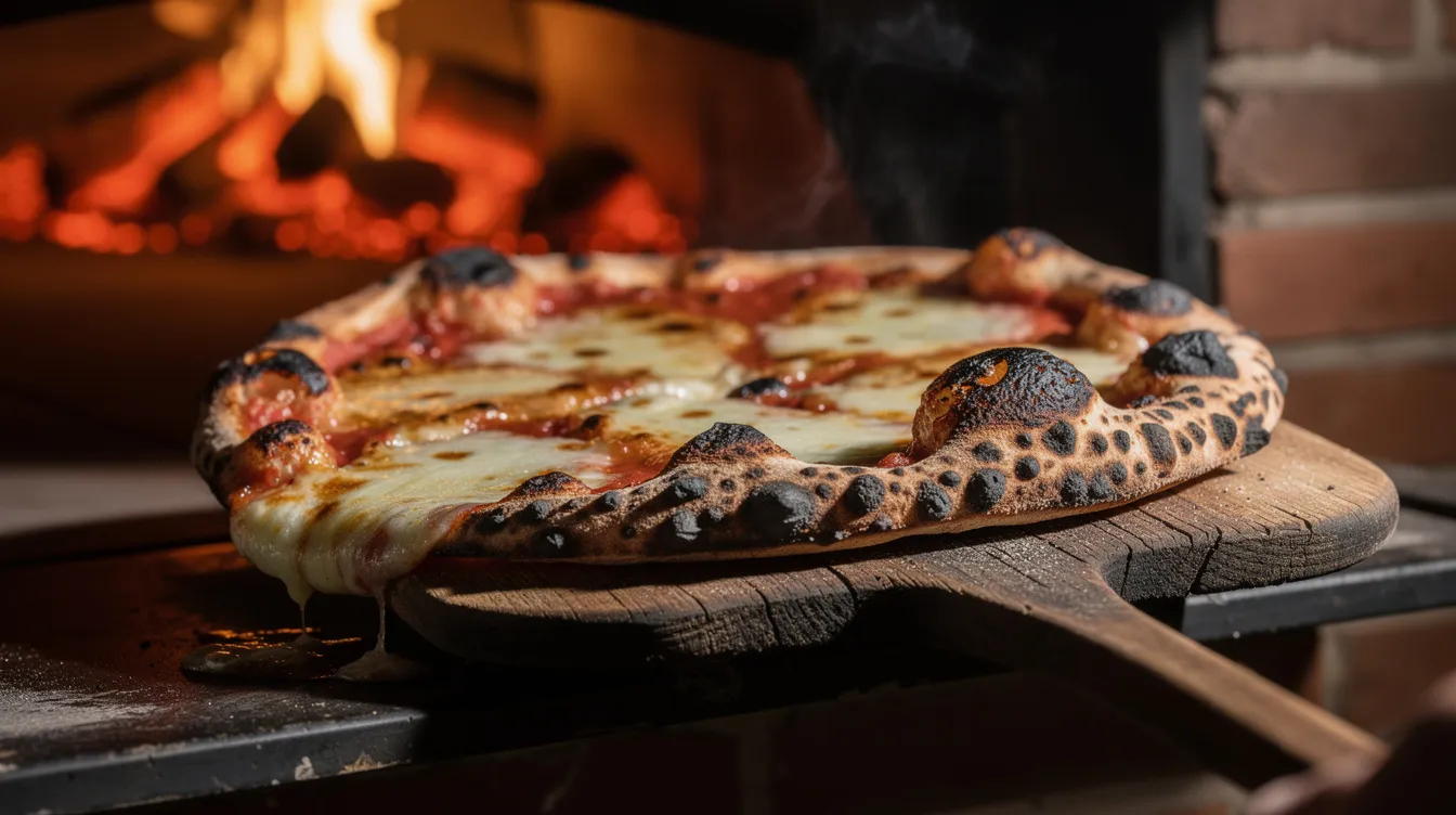 A close-up view of a charred, bubbling pizza being lifted from a traditional brick coal-fired oven using a long wooden pizza peel, showcasing the delicious crust and toppings that are a favorite in the greater New Haven area. The image captures the essence of pizza-making in this cultural capital of Connecticut, where residents and visitors alike enjoy the rich flavors and history of local cuisine.
