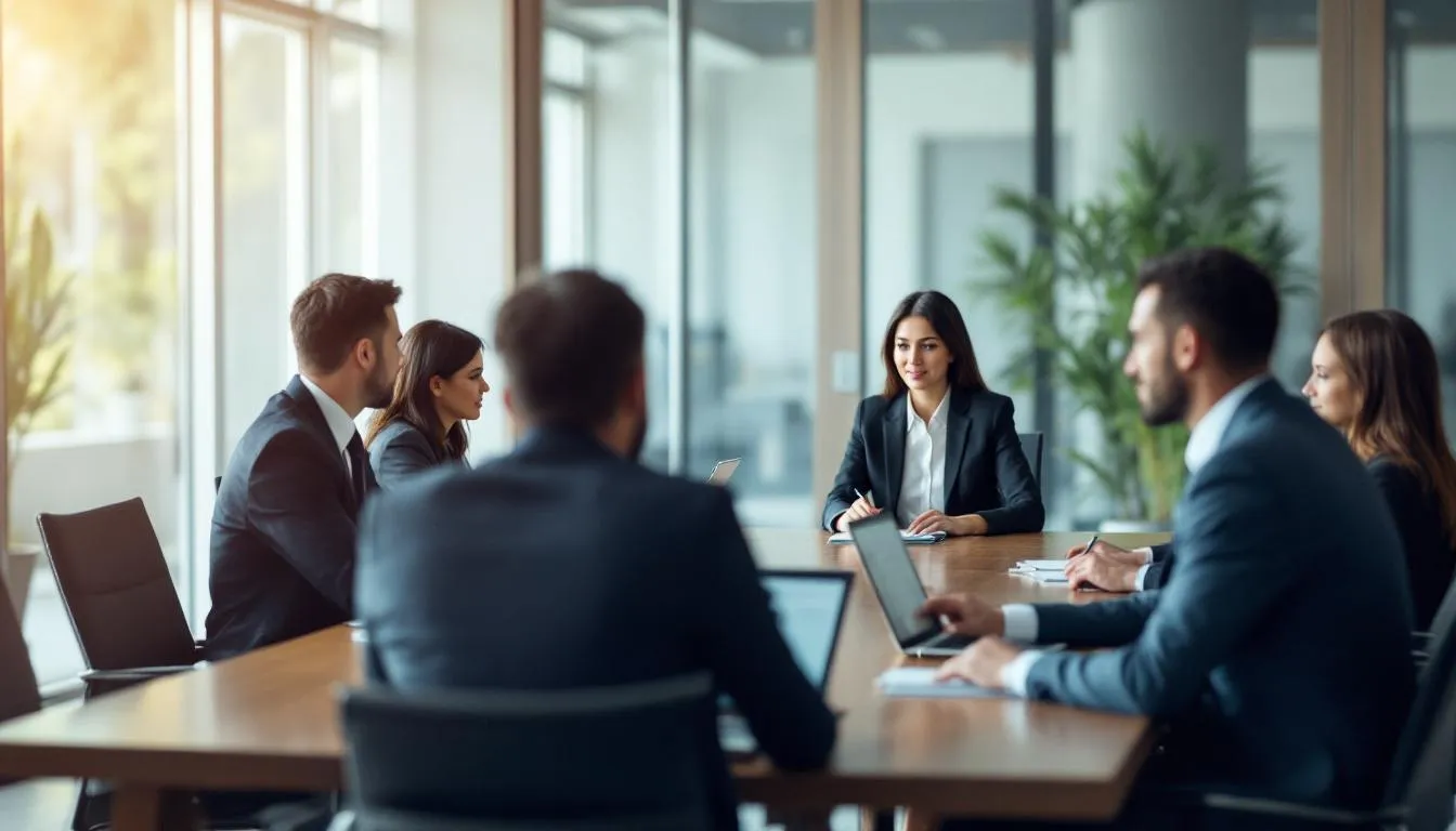 Un grupo de profesionales de diferentes países se encuentra en una reunión internacional, discutiendo en inglés sobre temas de negocios y aprendizaje de idiomas. Se observan laptops y documentos sobre la mesa, reflejando la importancia de la comprensión y el vocabulario en su comunicación.