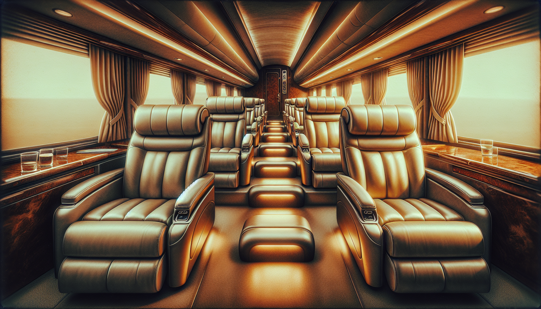 Artistic representation of comfortable seating with footrests on the Hampton Jitney