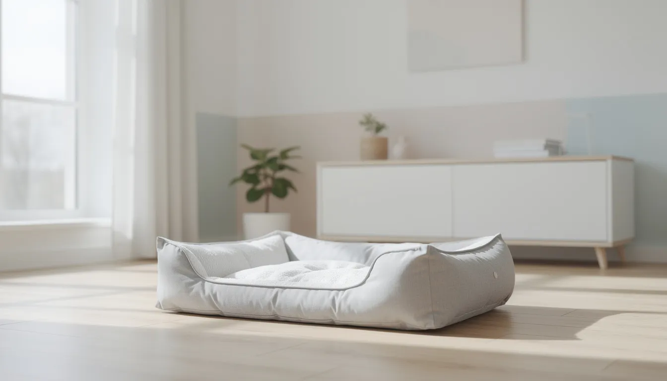 Na zdjęciu znajduje się schludne i czyste legowisko dla psa umieszczone w jasnym pokoju. To komfortowe miejsce sprzyja zdrowiu układu oddechowego psa, co jest szczególnie ważne w kontekście chorób układu oddechowego, takich jak astma u psa.