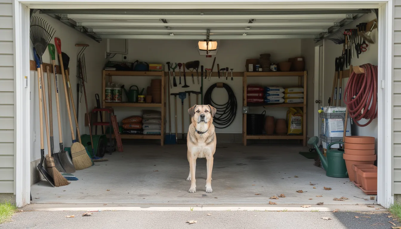 A curious dog stands in an open garage surrounded by shelves filled with garden tools and supplies, highlighting the potential dangers of common household items. Pet parents should ensure that harmful chemicals, human medications, and toxic plants are kept out of their pet's reach to maintain a safe environment for their furry companions.