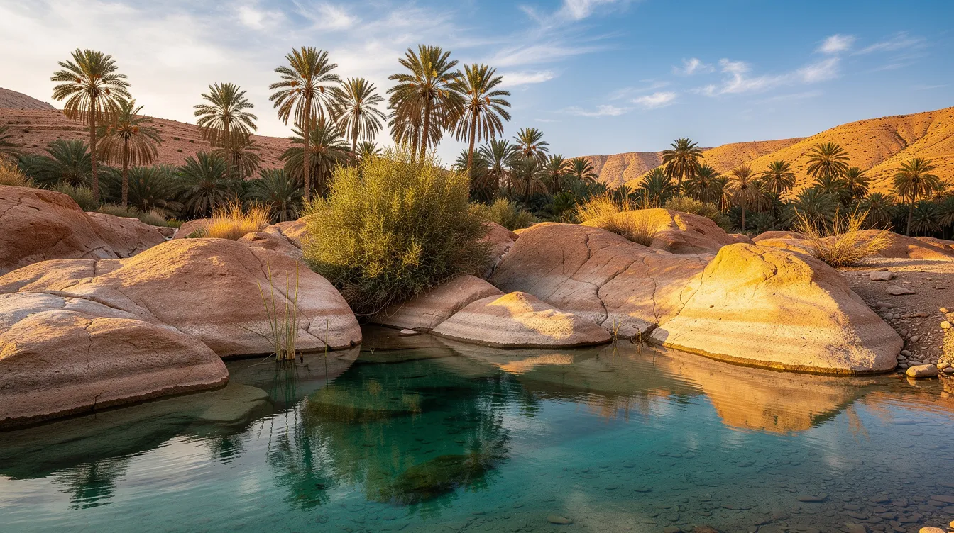 Des piscines naturelles scintillent au soleil, entourées de rochers et de palmiers dans une vallée verdoyante du sud marocain, offrant un cadre idyllique pour les voyageurs en quête de détente. Ce paysage enchanteur pourrait être le point de départ idéal pour une location de voiture à Agadir, permettant d'explorer la région du Souss et ses plages pittoresques.