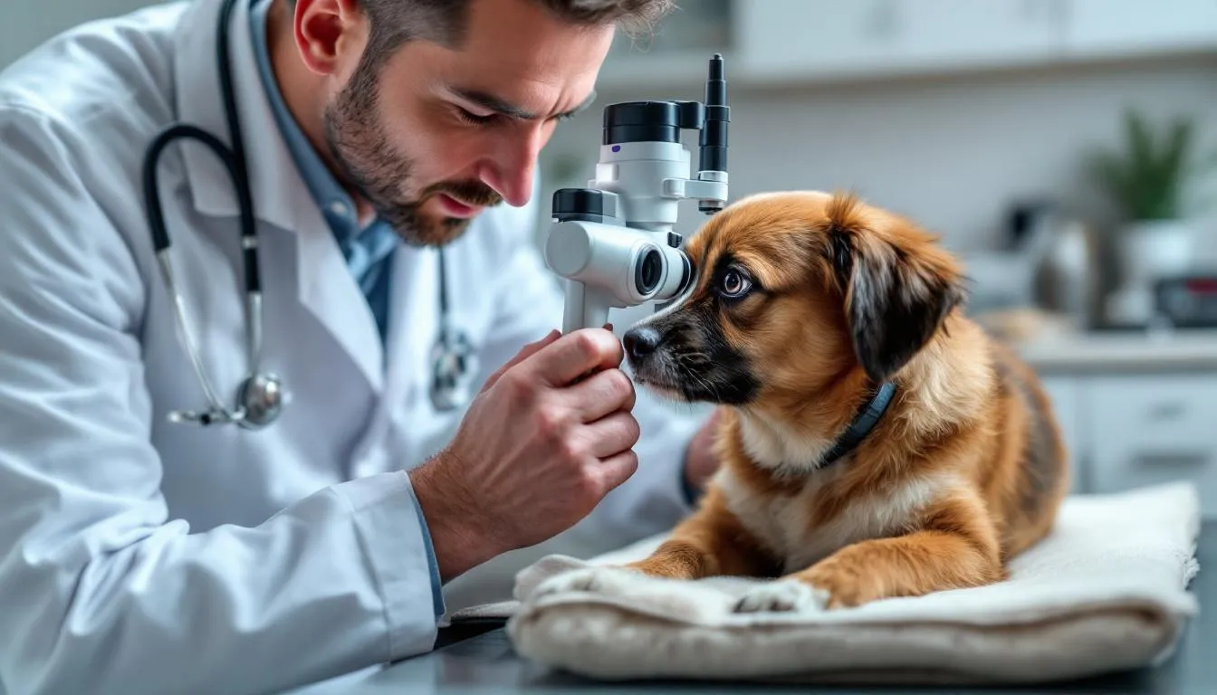 A veterinarian is examining a dog
