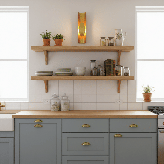 Decorative vintage wall light fixture mounted above kitchen shelving.
