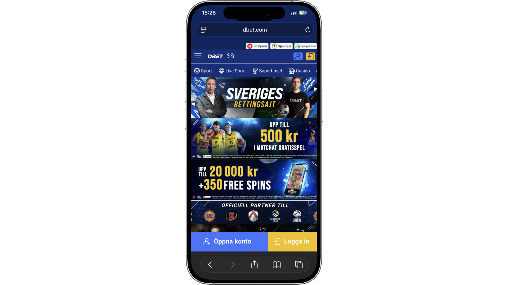 DBET:s mobilanpassade startsida med casino, sport, bonusar och navigering i webbläsaren.