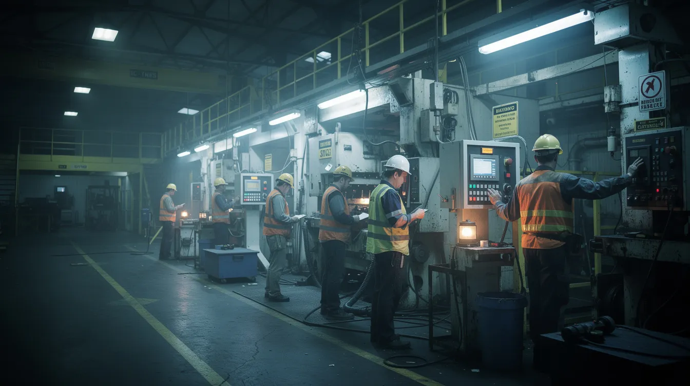 The image depicts night shift workers in an industrial setting, illuminated by artificial lighting, highlighting the challenges of sleep deprivation and poor sleep quality that can affect their job performance and overall well-being. These workers often face cognitive decline and increased stress due to insufficient sleep, which can lead to negative consequences for both their health and productivity.