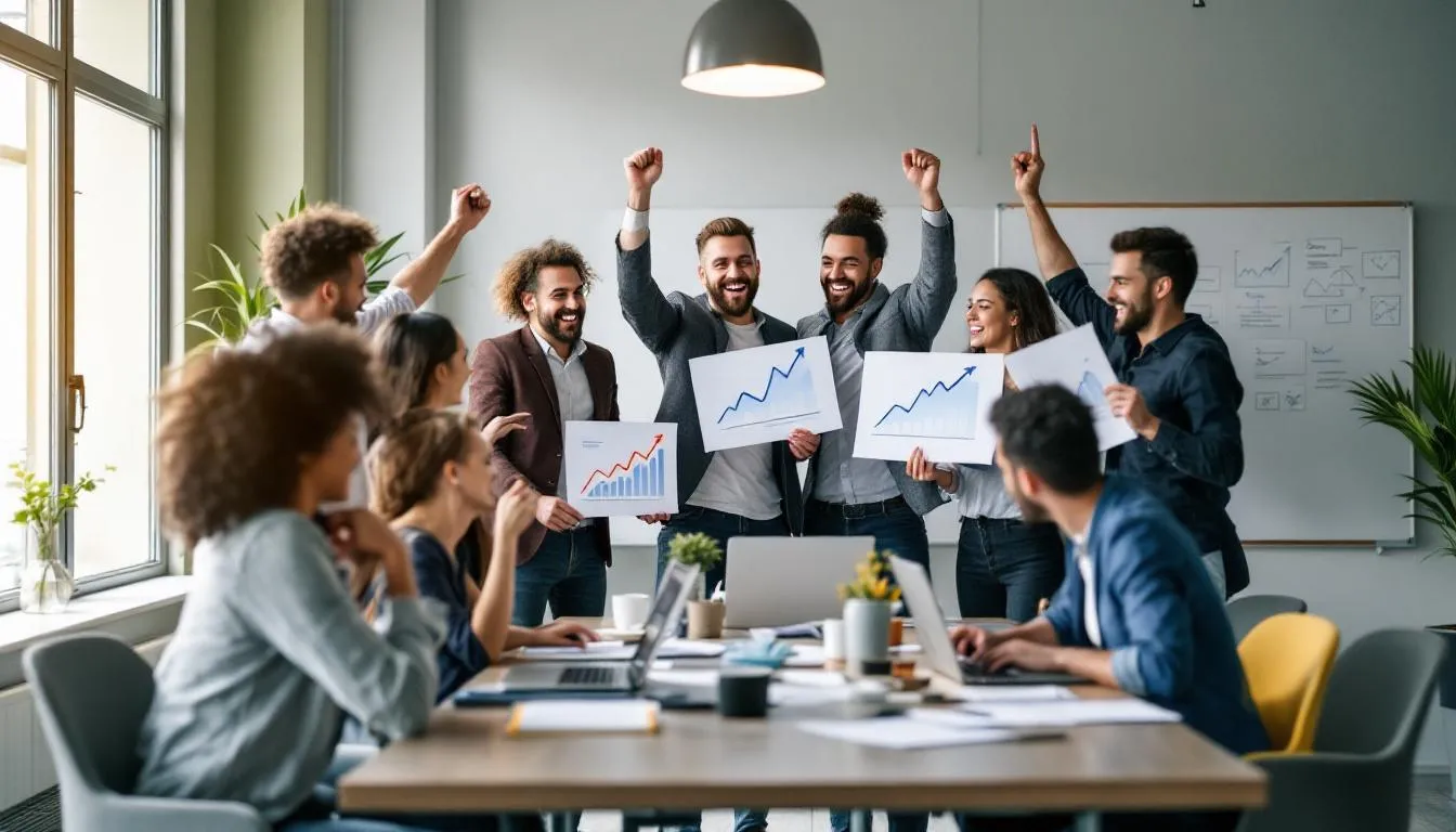 A diverse team is joyfully celebrating business growth, surrounded by laptops and documents featuring upward trending charts. This scene highlights the success of their SaaS marketing strategies and the effective efforts of their internal marketing team in achieving sustainable growth.