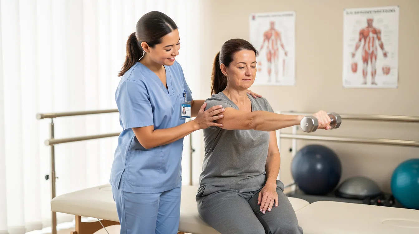 A physical therapist is assisting a patient with an arm exercise in a clinical rehabilitation setting, emphasizing the importance of medical care for injured workers. This supportive environment is crucial for those recovering from workplace injuries and seeking to receive workers compensation benefits.