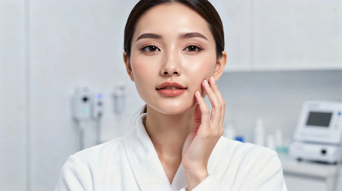 The image features a woman in a bright clinical setting, gently touching her smooth skin, which suggests the effects of botox treatment for reducing facial wrinkles. Her youthful appearance highlights the benefits of botulinum toxin injections in enhancing skin health and elasticity.