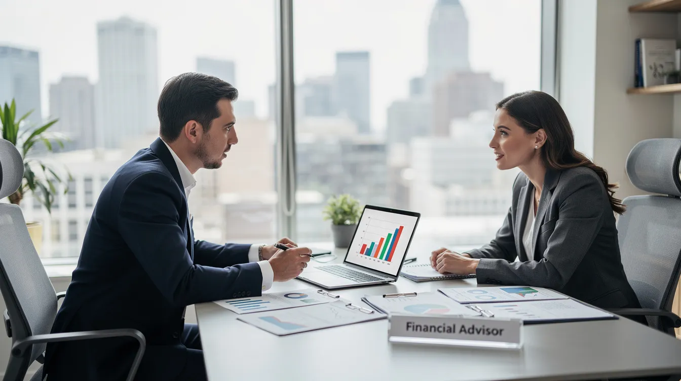 A professional financial advisor is engaged in a discussion with a client across a modern office desk, reviewing important documents related to loan applications and financial strategies. The setting suggests a focus on personalized financial advice, potentially involving topics like 免 tu 貸款 and 信貸 評 級.