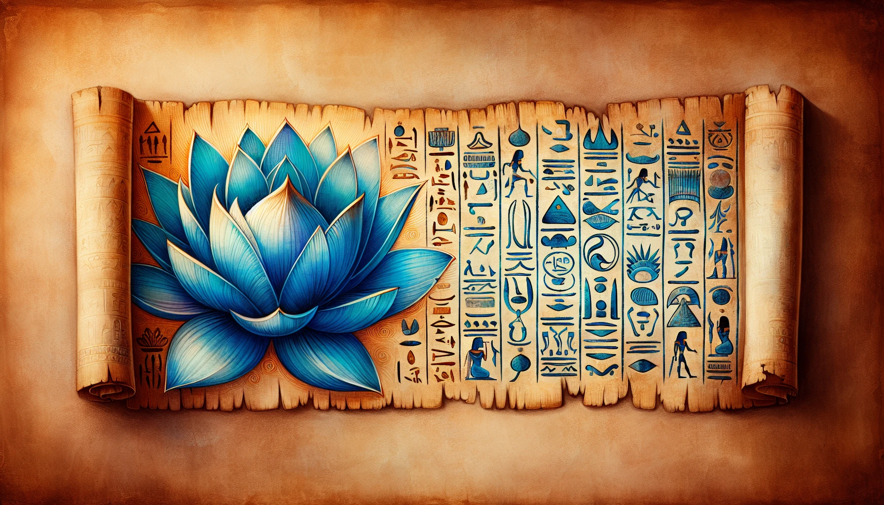 Ancient Egyptian Papyrus with Hieroglyphs and Blue Lotus Flower