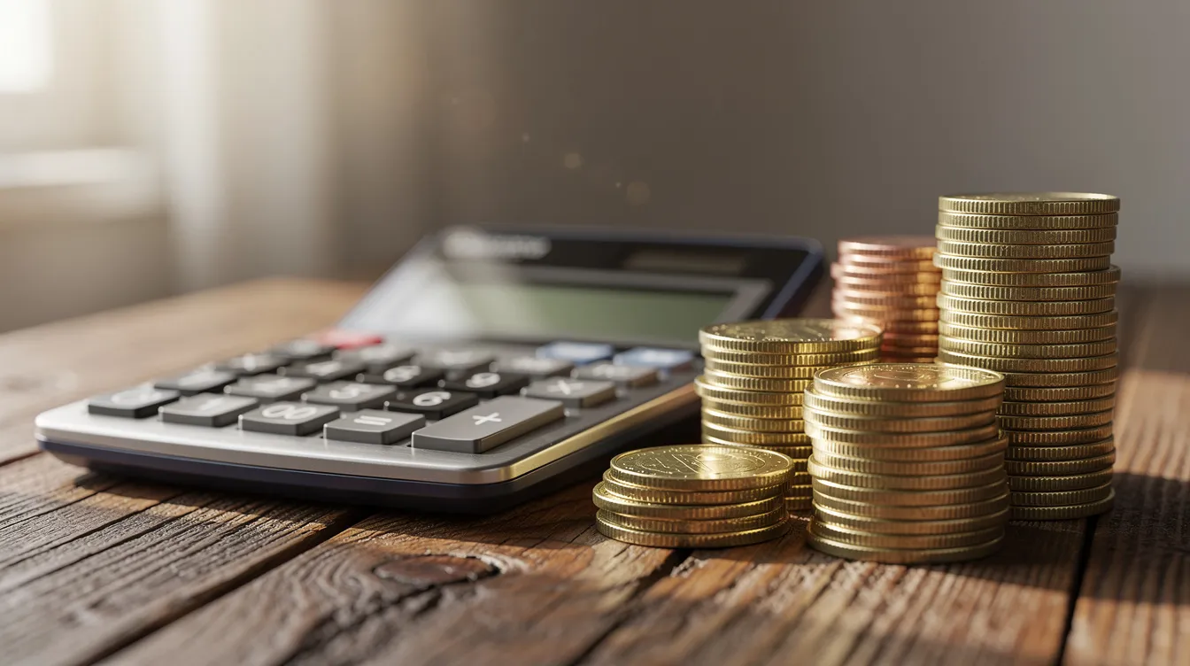The image features a calculator positioned next to stacks of coins on a wooden table, symbolizing financial planning and budgeting. This setup could represent concepts like 清 數 and the importance of managing one's 財務狀況 effectively.