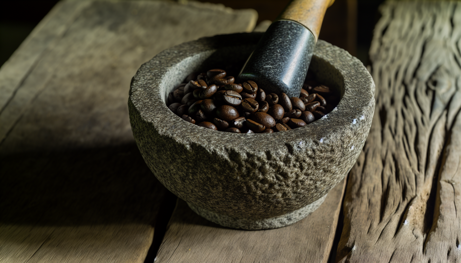 Mortar and pestle with whole bean coffee