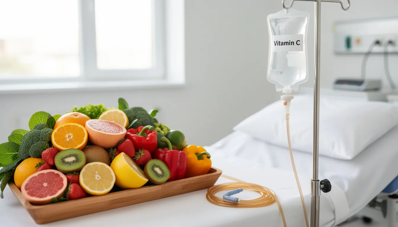 The image depicts a vibrant assortment of fresh citrus fruits and vegetables, symbolizing natural sources of vitamin C, alongside a neatly arranged intravenous therapy setup. This scene highlights the connection between essential nutrients and naturopathic IV treatments aimed at optimizing health and wellness.