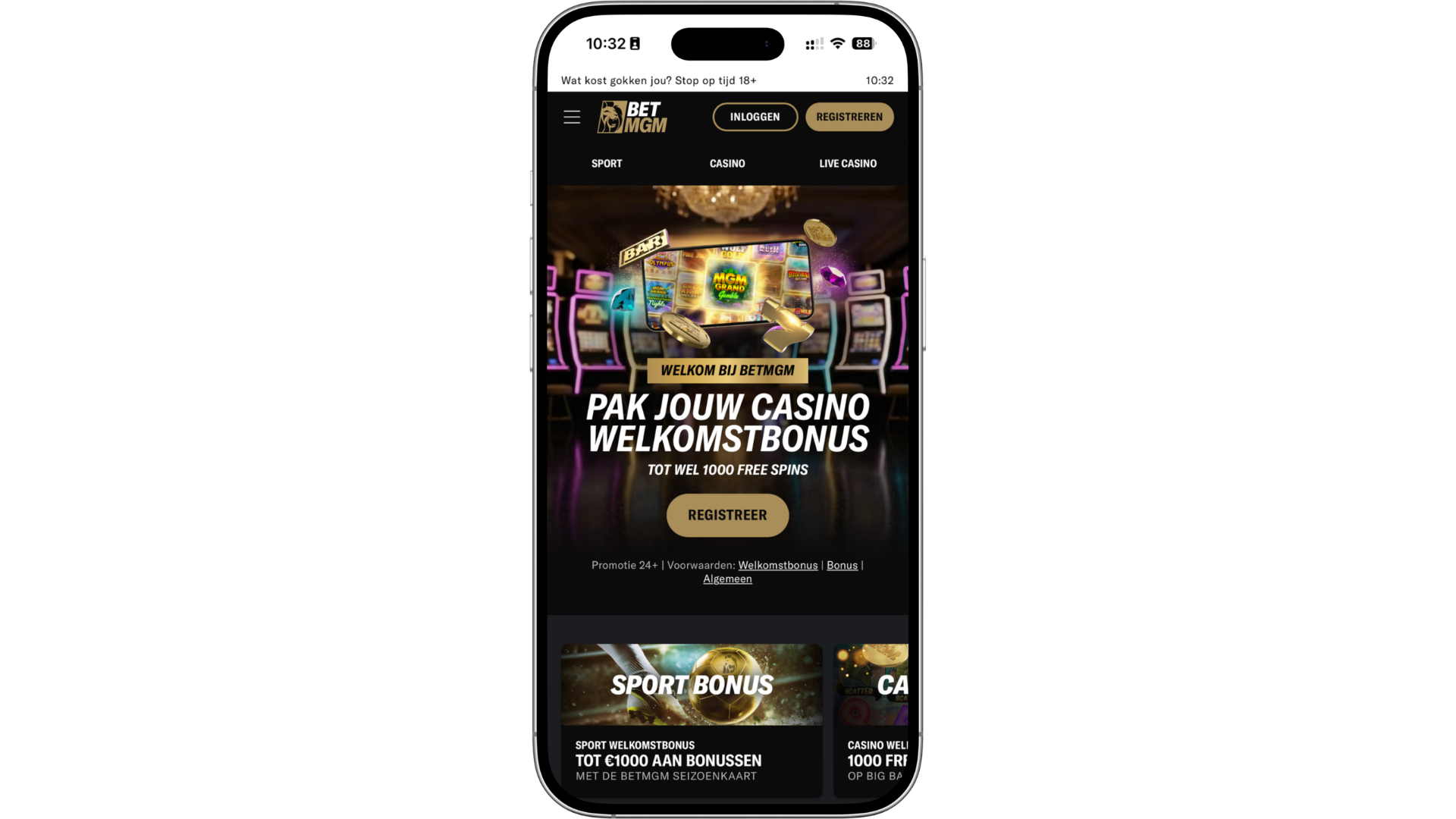 Scherm van de BetMGM casino app op smartphone, een voorbeeld van een mobiele casino app voor online kansspelen met welkomstbonus, live casino en online casino spellen, beschikbaar als casino app downloaden via app store of google play store voor iOS en Android apparaten.