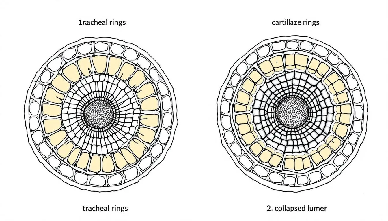 An illustration comparing normal tracheal rings, which are C-shaped cartilage structures, to collapsed cartilage rings that indicate tracheal collapse in dogs. The image highlights the differences that can lead to respiratory distress, breathing difficulties, and other symptoms commonly seen in affected dogs.