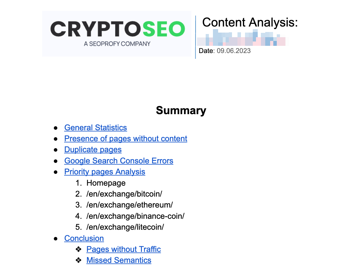 Summary of CryptSeo's Content Analysis