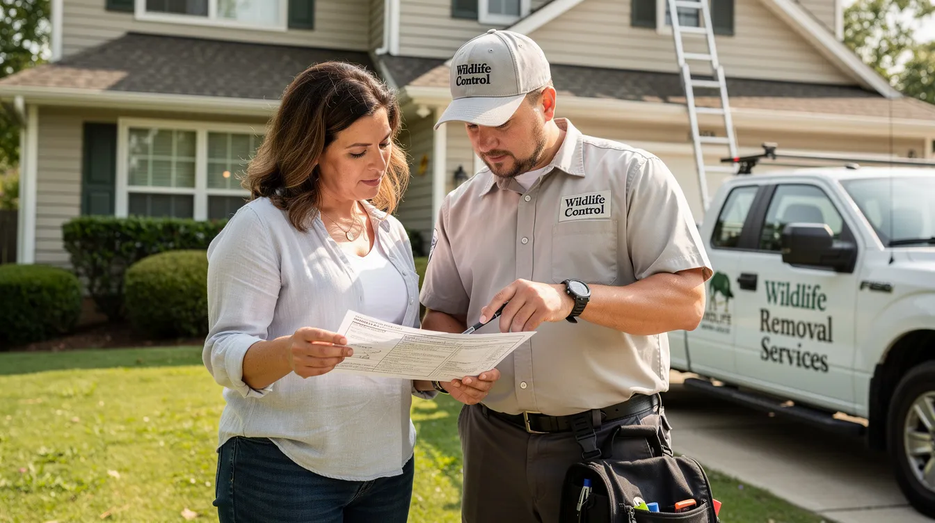 A homeowner is discussing a written inspection report with a wildlife removal technician outside their suburban home, focusing on the squirrel problem and the effective squirrel removal process. The technician is likely explaining options for humane squirrel removal and sealing entry points to prevent further wildlife issues.