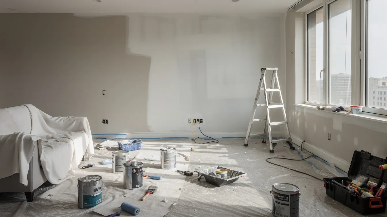 The image depicts a mid-renovation apartment living room in Hong Kong, with paint cans and various tools scattered across the floor, indicating an active remodeling process. This scene reflects the dynamic changes in urban living spaces, relevant to the evolving needs of public service professionals in the region.