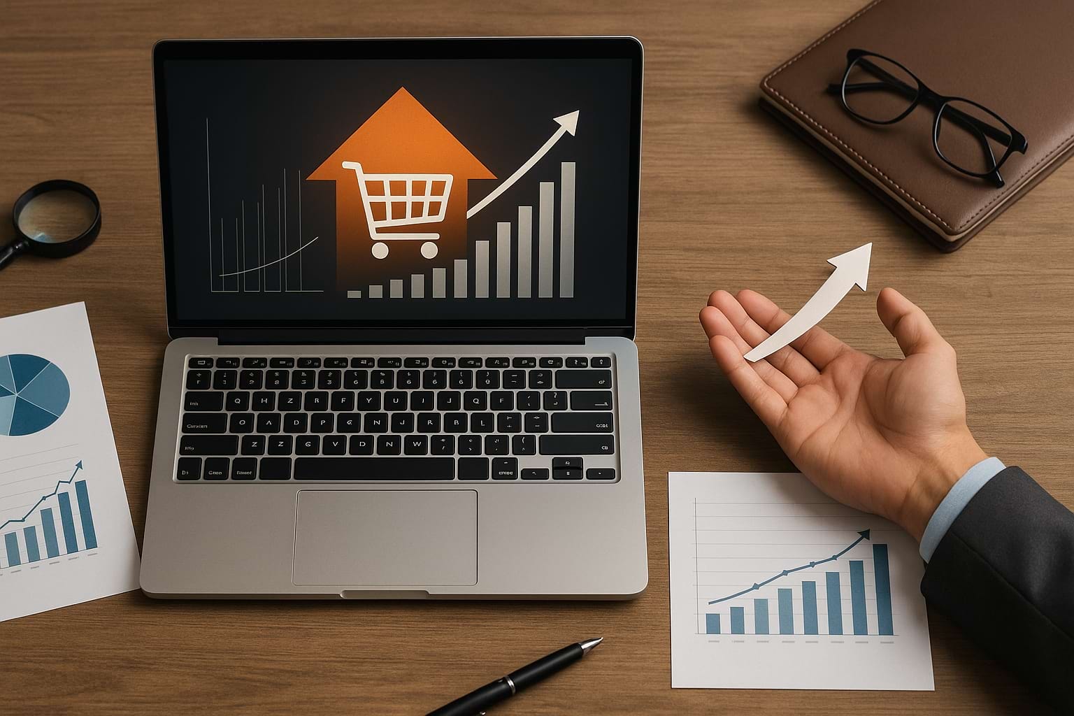 Digital business management fundamentals concept with laptop, growth charts, and analytical workspace.