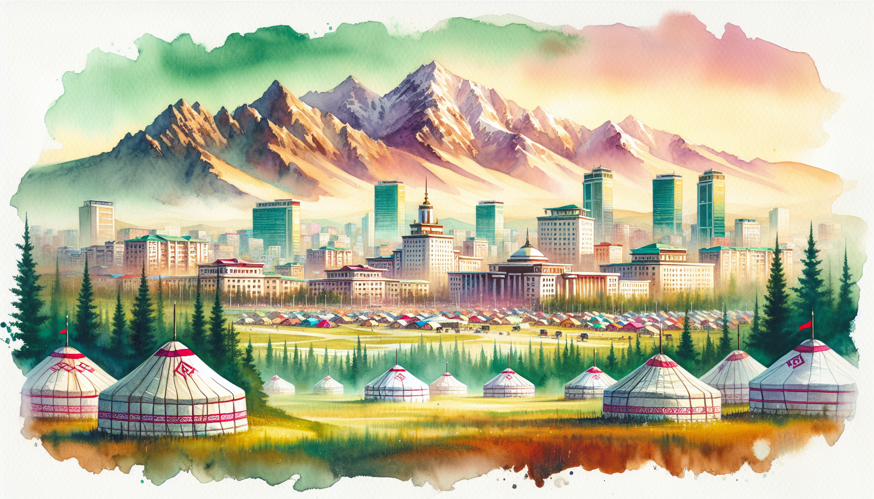 A vibrant illustration showcasing the unique landscapes of Ulaanbaatar, Mongolia.