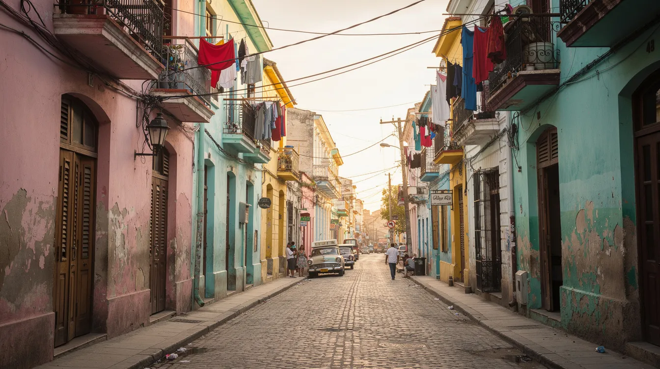 A narrow cobblestone street in Old Havana is lined with colorful pastel colonial buildings, where laundry hangs from wrought-iron balconies, showcasing the vibrant local life and Cuban culture. This picturesque scene captures the essence of visiting Cuba, making it a perfect spot for tourists exploring the beautiful city on their Havana itinerary.