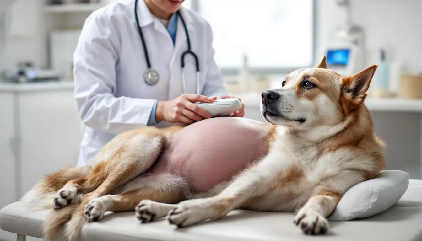 A veterinarian is performing an ultrasound examination on a pregnant dog, gently placing the ultrasound probe on her belly to check for developing puppies. The scene reflects the importance of veterinary medicine in monitoring a female dog
