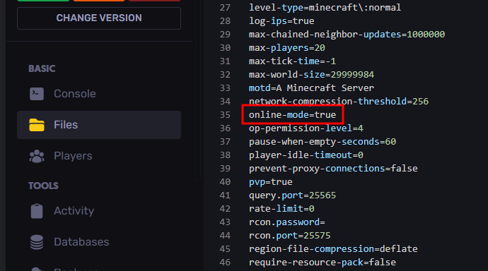 server.properties file with the online-mode property highlighted