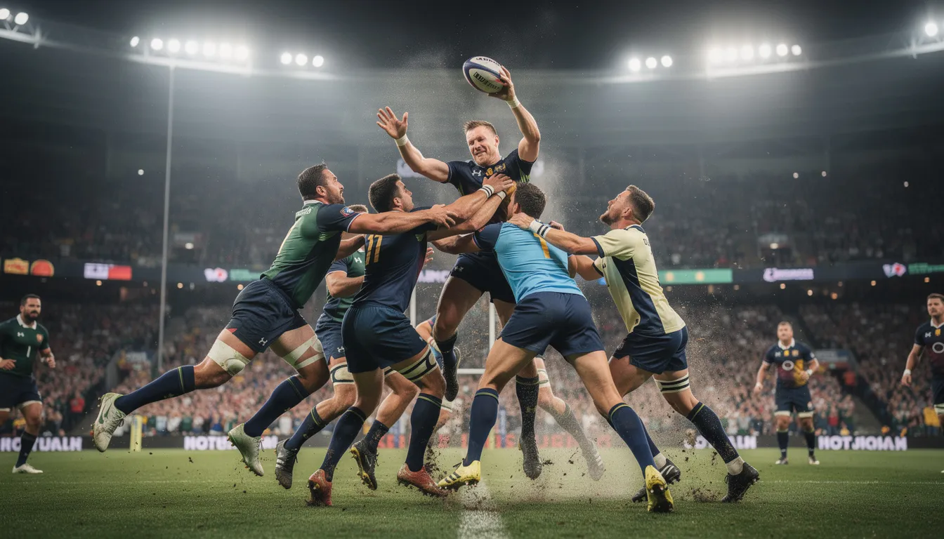 A dynamic scene captures rugby players from national teams fiercely competing for the ball during an intense international match under stadium floodlights, showcasing the excitement of the Six Nations Championship. The atmosphere is electric as fans cheer for their teams, highlighting the rich history and spirit of the sport.