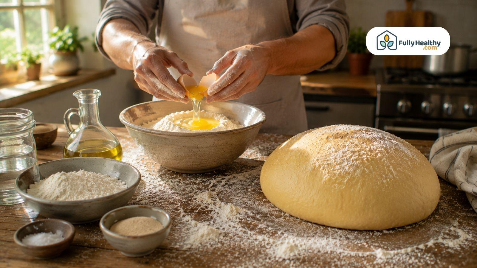 Baker adding fresh egg to flour while preparing homemade pizza dough