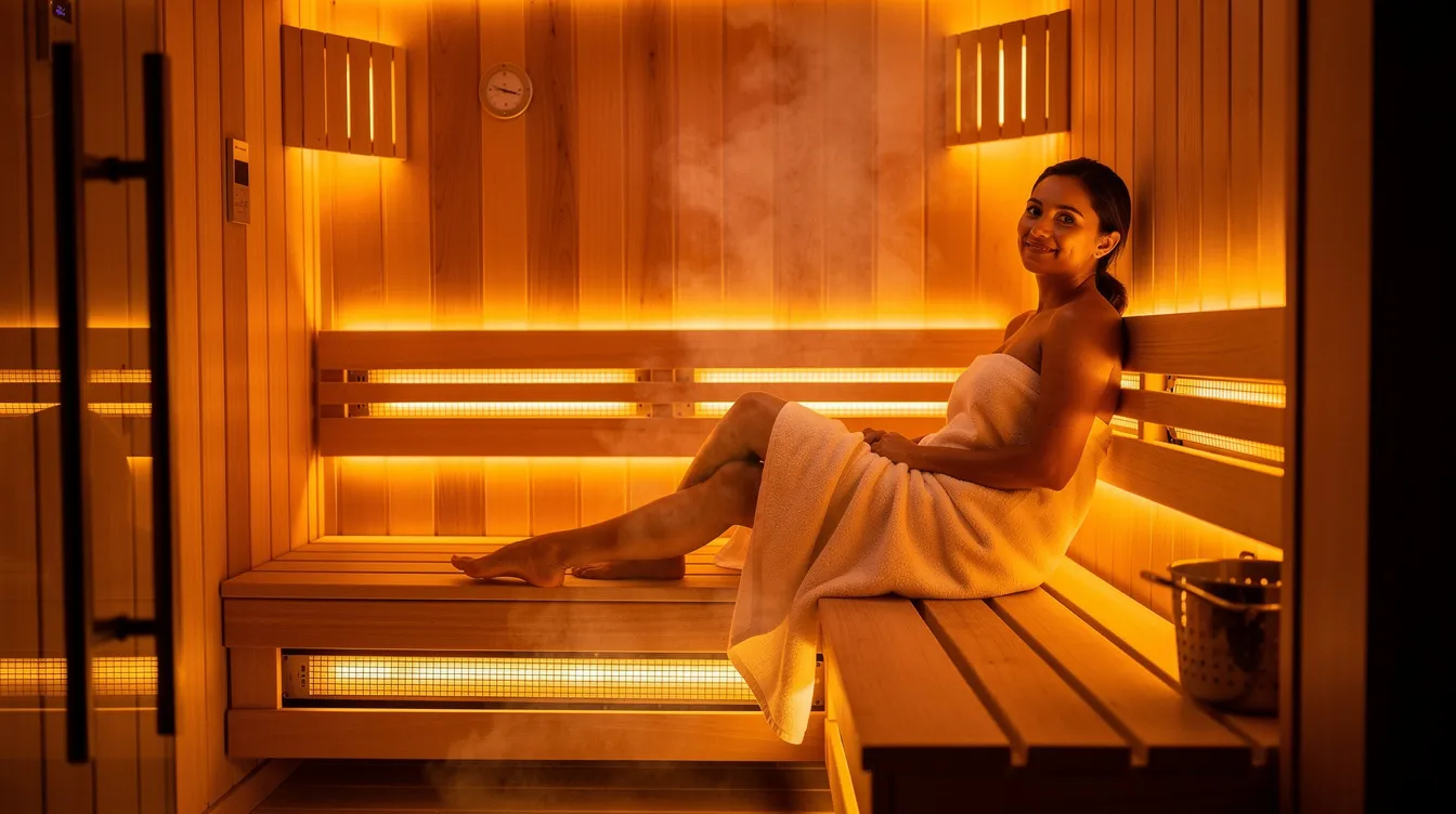 A person is seen relaxing inside a wooden infrared sauna, surrounded by soft lighting that creates a tranquil atmosphere. This sauna session emphasizes the importance of proper hydration, suggesting drinks like room temperature water or coconut water to maintain electrolyte balance during and after the heat exposure.