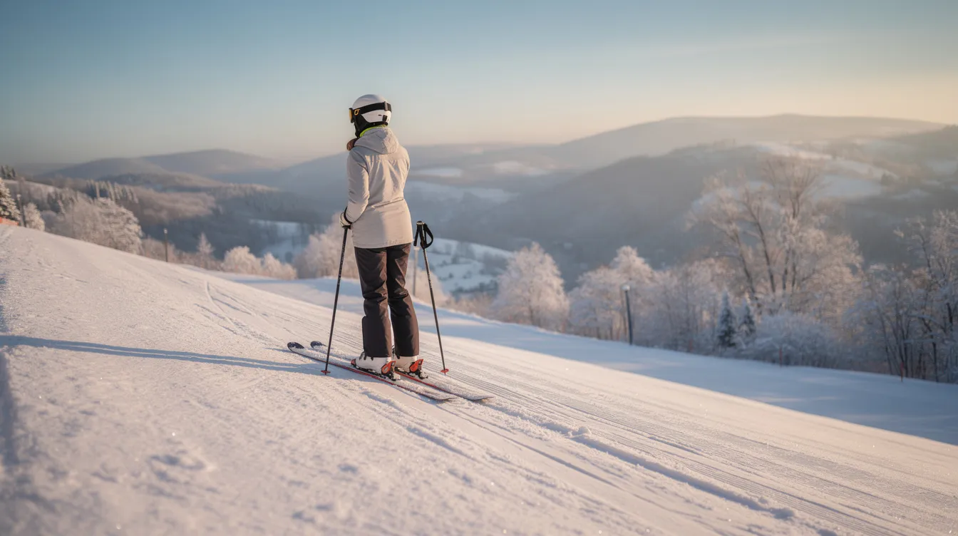 Eine Person steht am Anfang eines sanften Skihangs und blickt entspannt nach unten auf die Skipiste. Die Szene vermittelt ein Gefühl von Vorfreude und Entspannung, ideal für Erwachsene, die das Skifahren lernen möchten.