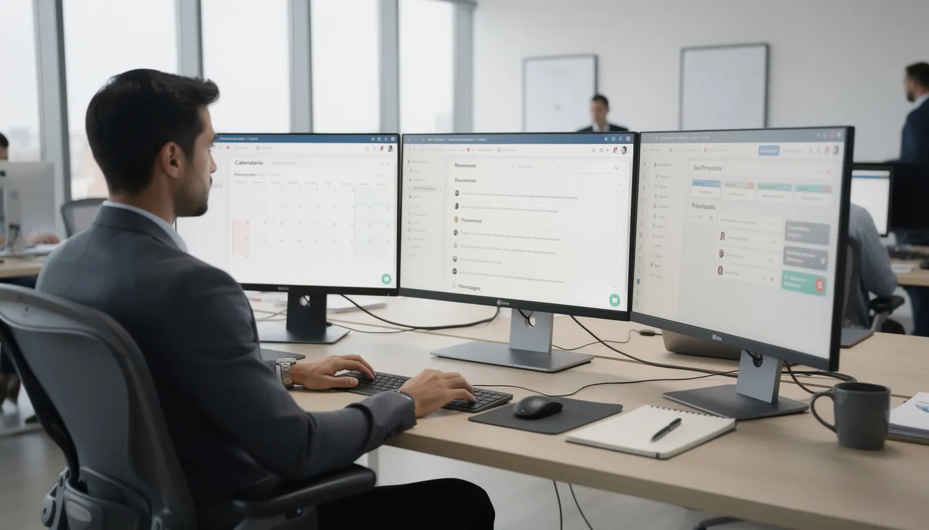 Un profesional trabaja en un escritorio moderno rodeado de múltiples pantallas que muestran calendarios y herramientas de productividad, optimizando su gestión del tiempo con el uso de inteligencia artificial para mejorar el flujo de trabajo y la organización de tareas.