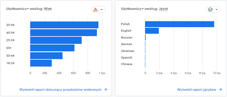 Dane z Google Analytics: wiek użytkowników i język. 