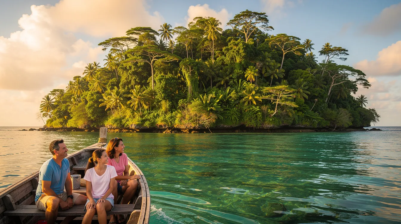 Uma família está desfrutando de um passeio de barco pequeno, navegando em águas tranquilas próximas a uma ilha verde, típica da beleza das ilhas jônicas, como Zakynthos. Ao fundo, é possível ver a vegetação exuberante e a costa da ilha, criando um cenário idílico para uma viagem em família.