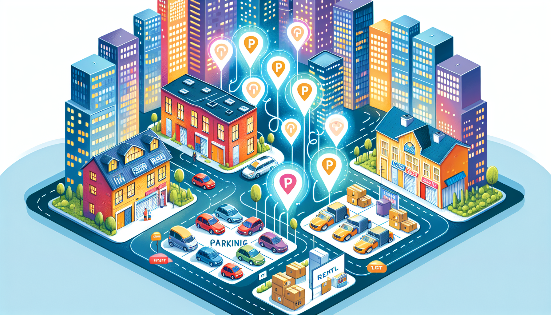 Whimsical illustration of various rental assets