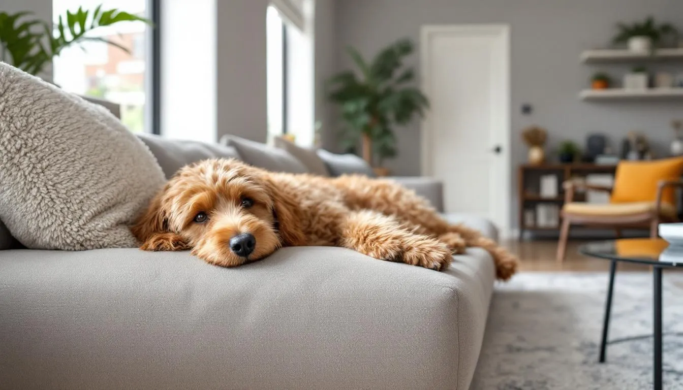 In a modern apartment living room, a medium goldendoodle puppy is lounging comfortably on a plush rug, exuding a sweet and playful demeanor. The cozy setting reflects a loving home environment, perfect for puppy owners who appreciate the joy and companionship that a furry family member brings.