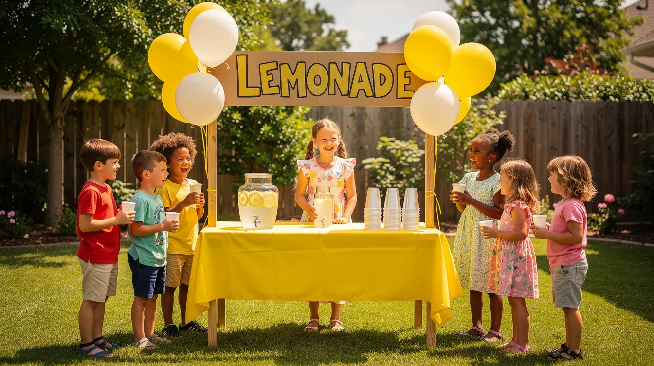A sunny backyard features a vibrant lemonade stand adorned with a cheerful yellow tablecloth and colorful balloons, where a group of kids joyfully gathers around, ready to enjoy delicious lemonade and snacks at their lemonade party. The scene is filled with bright colors and the excitement of summer fun, creating a memorable lemonade stand experience.