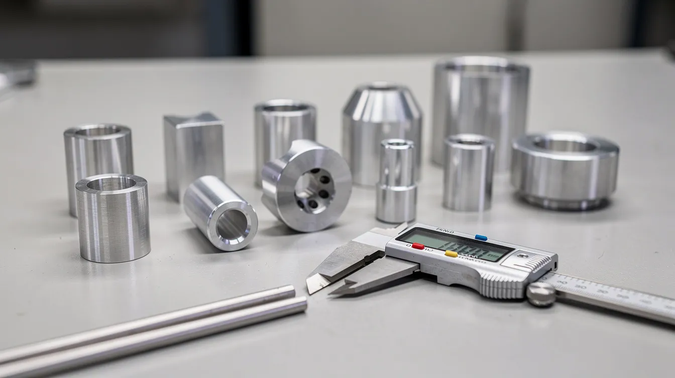 The image features precision machined aluminum components neatly arranged on a workbench, accompanied by calipers for measurement, showcasing the meticulous process of prototype development in a machine shop. This setup highlights the importance of high precision and tight tolerances in creating functional prototypes for various engineering projects.
