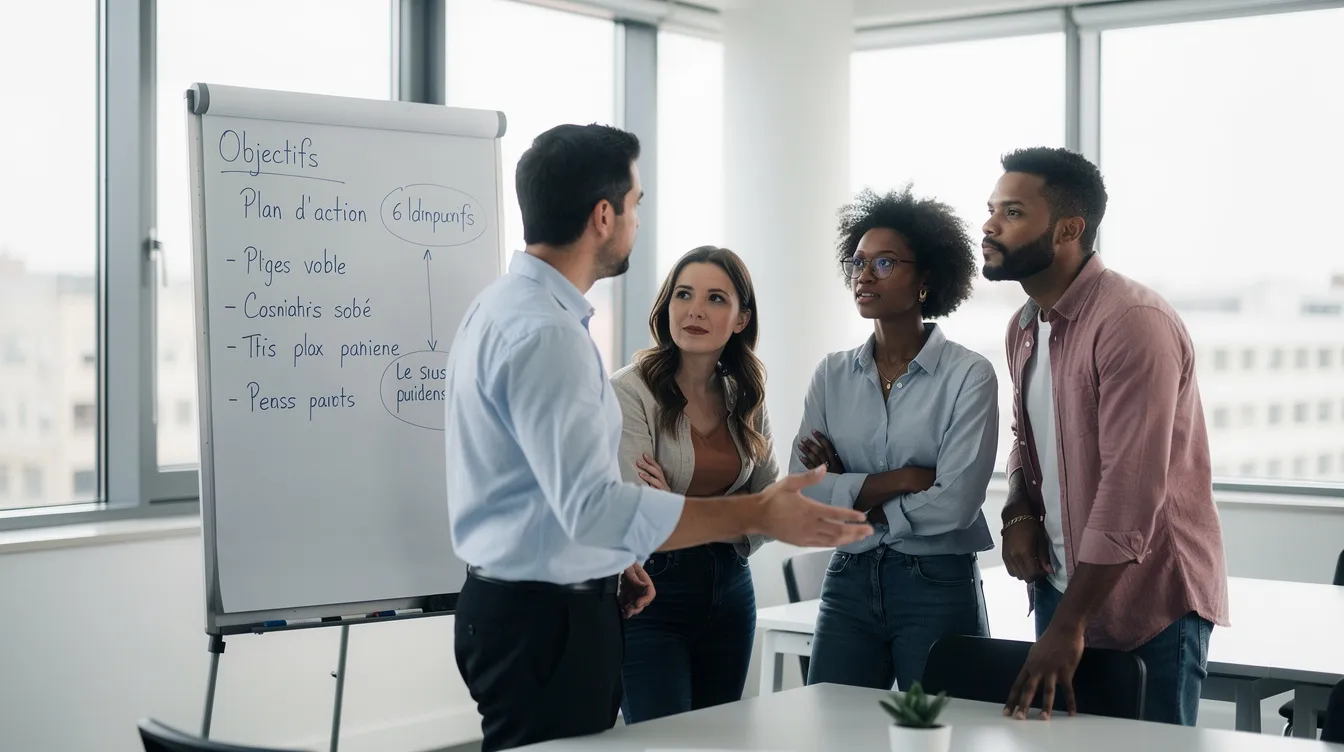 L'image montre un leader dynamique guidant une petite équipe autour d'un tableau blanc, illustrant un style de management participatif. Les collaborateurs semblent engagés et motivés, échangeant des idées pour améliorer leur performance et atteindre leurs objectifs communs.