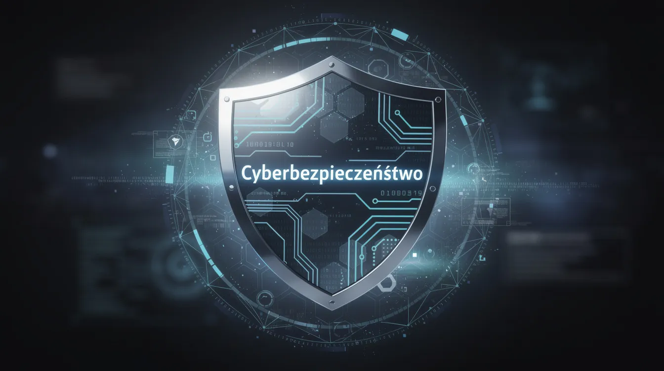 Obraz przedstawia tarczę ochronną z cyfrowym wzorem, symbolizującą cyberbezpieczeństwo. Elementy graficzne na tarczy odzwierciedlają nowoczesne technologie oraz złożoność zagadnień związanych z bezpieczeństwem w świecie IT.