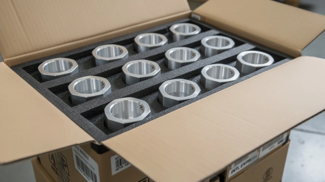 The image shows packaged CNC machined aluminum parts securely arranged in protective foam trays, ready for international shipment. These custom machined aluminum parts reflect the precision machining and small batch CNC machining processes used to ensure tight tolerances and high-quality standards.